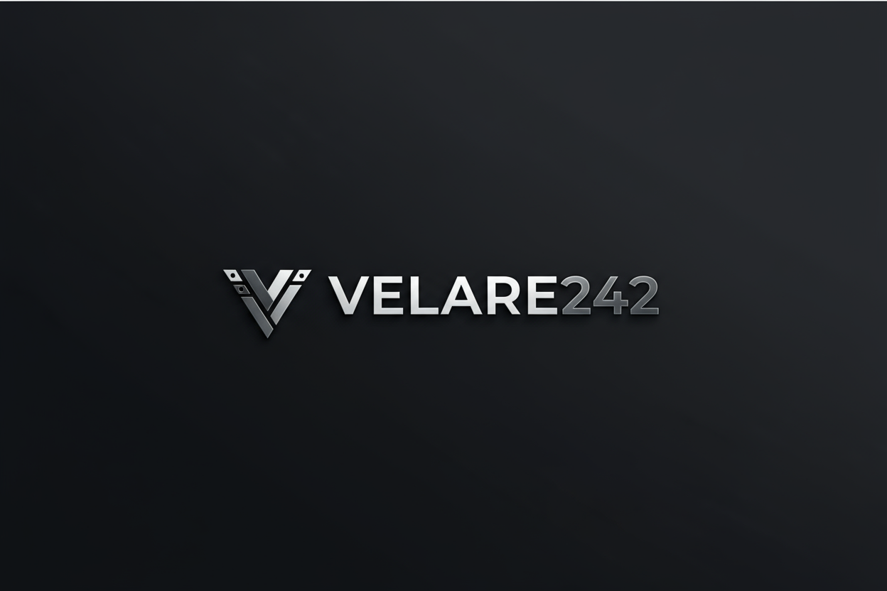 “Design a luxury minimalist brand logo for VELARE242 on a horizontal A4 canvas. Use a dark matte background (black or deep charcoal) with elegant white or silver typography. Include a subtle abstract emblem or monogram inspired by modern streetwear and tech brands. The logo should feel premium, balanced, and bold — perfect for a high-end digital business and e-commerce brand.”